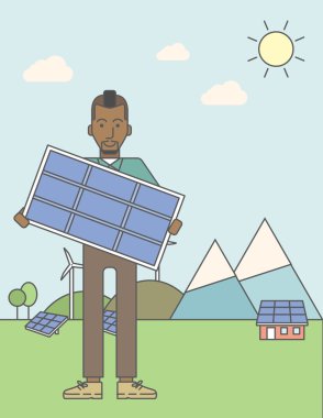 Man with solar panels and wind turbines.