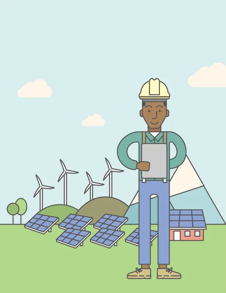 Man with solar panels and wind turbines. — Stockvector