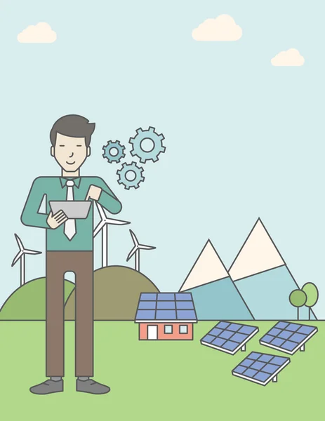 Man with solar panels and wind turbines. — Stock vektor