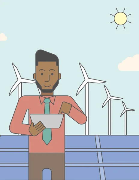 Man with solar panels and wind turbines. — 图库矢量图片