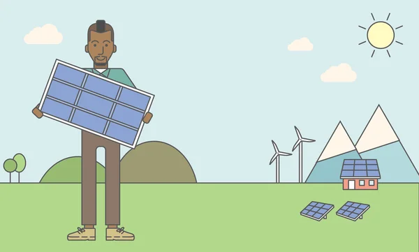 Man with solar panels and wind turbines. — ストックベクタ