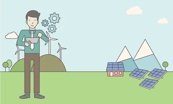 Man with solar panels and wind turbines. — Stock Illustration Man with solar panels and wind turbines. Royalty Free Stock Vectors