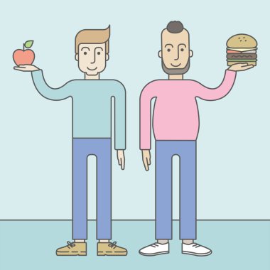 Men standing with hamburger and apple.