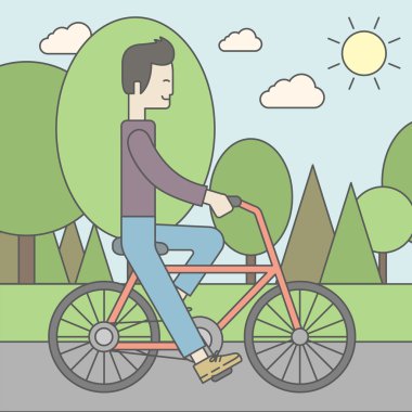 Asian man riding bicycle in park.
