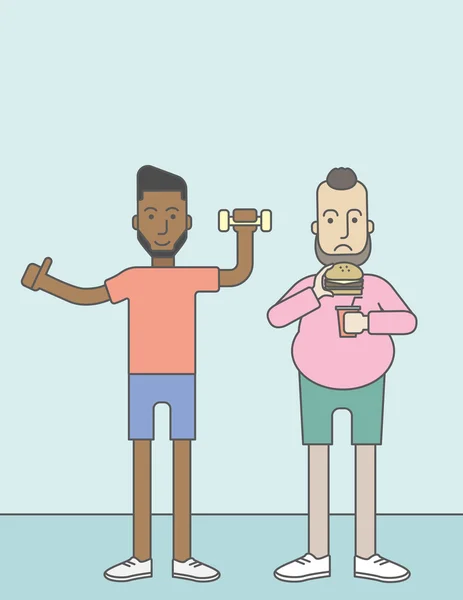 Hommes debout avec hamburger et haltère . — Image vectorielle