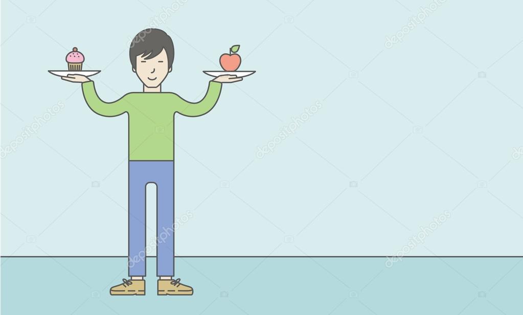 Man with apple and cake.