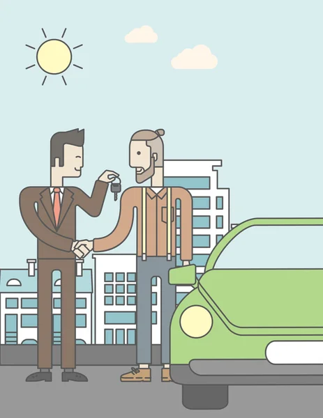 Car salesman giving the car keys to a new owner — Stok Vektör