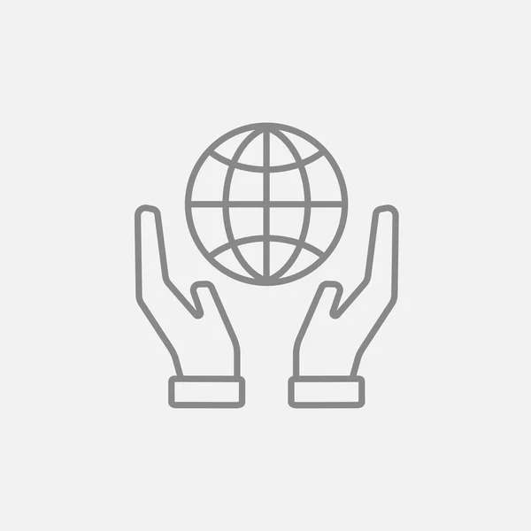 Két kéz tartja a világon sor ikon. — Stock Vector