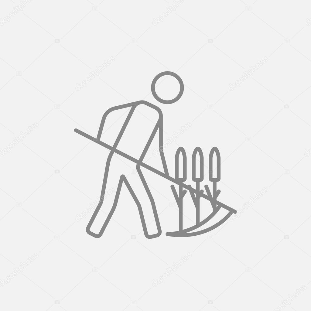 Man mowing grass with scythe line icon.