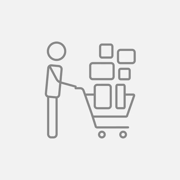 Hombre empujando carrito de compras icono de línea . — Vector de stock