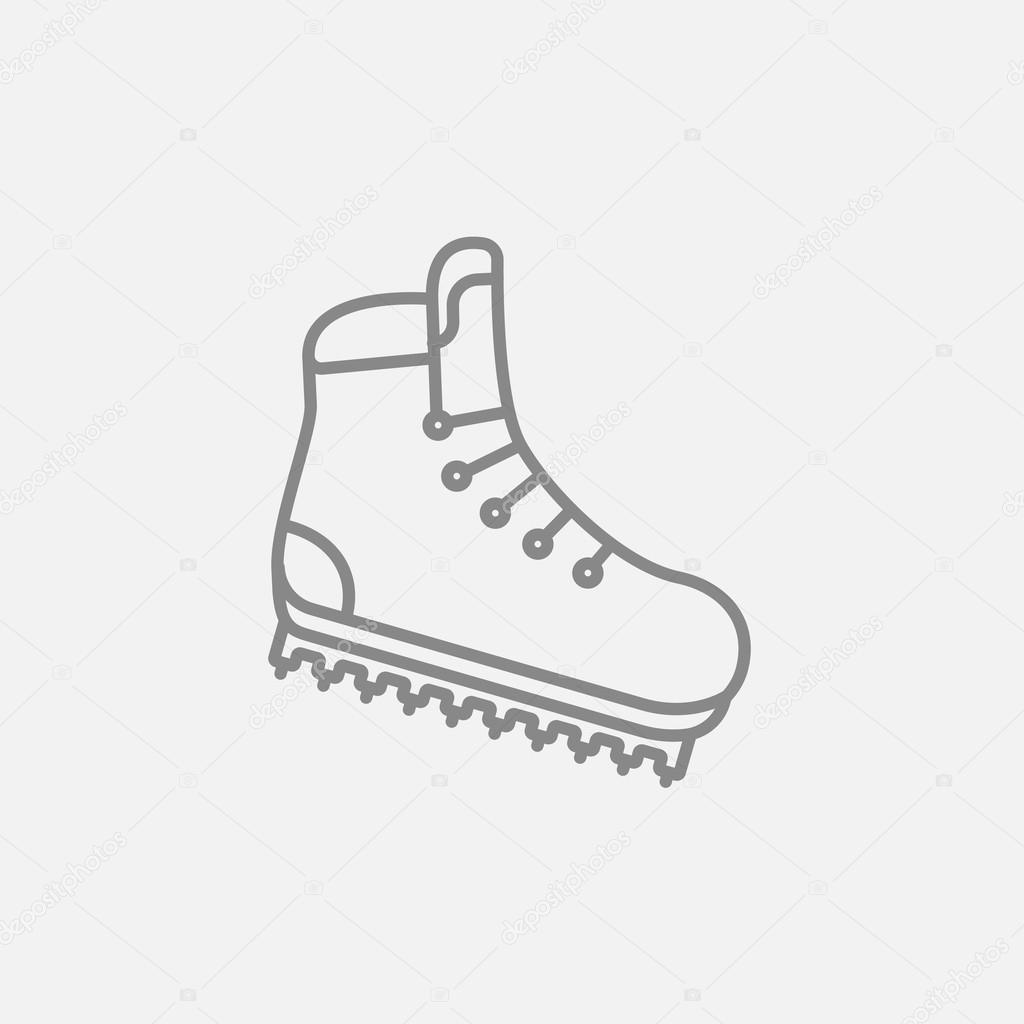 Hiking boot with crampons line icon.