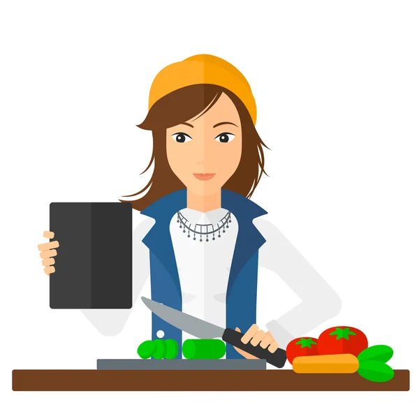 Nő főzés, étkezés. — Stock Vector