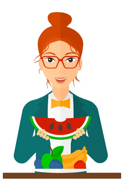 Woman eating watermelon. — Stock Vector