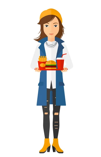 Mujer con comida rápida. — Vector de stock
