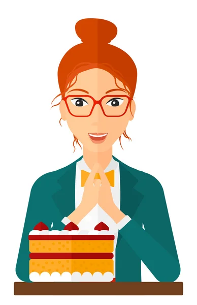 Woman looking at cake. — Stock Vector