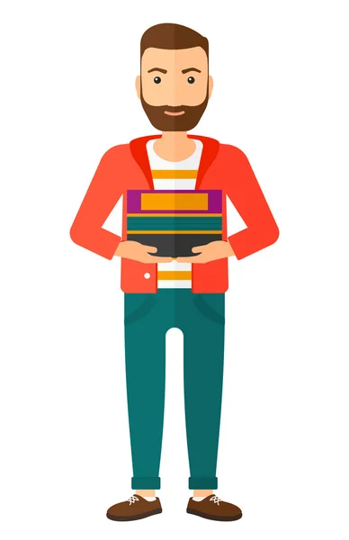 Hombre sosteniendo un montón de libros . — Vector de stock