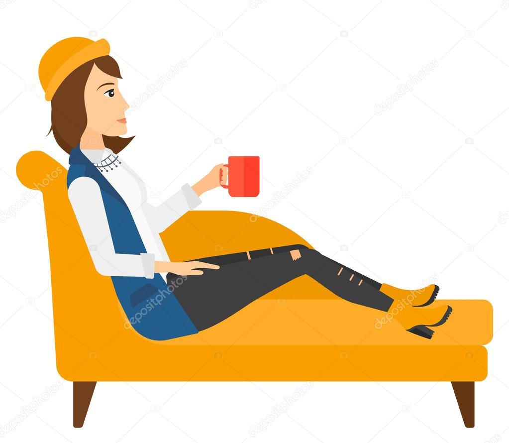 Woman lying with cup of tea.