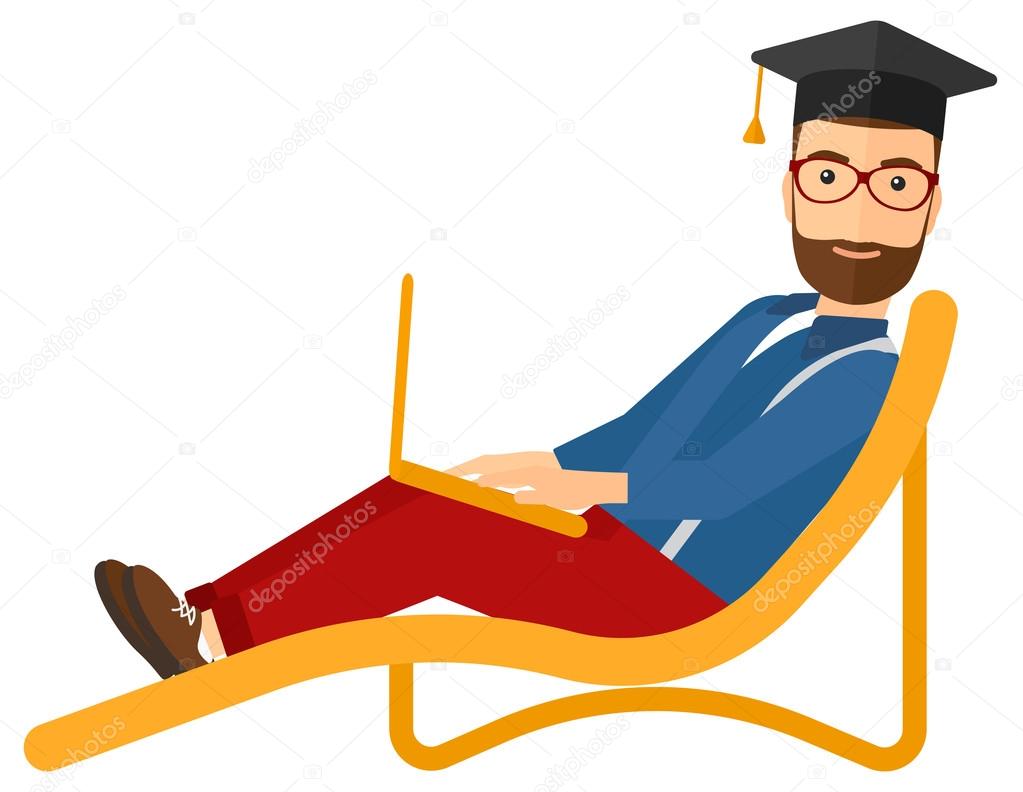 Graduate lying on chaise lounge with laptop.