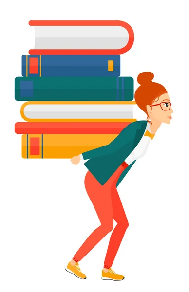 Mujer con pila de libros . — Vector de stock