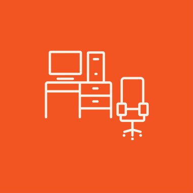 Masa ve sandalye çizgisi simgesi ile bilgisayar seti.