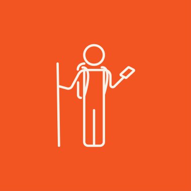 Telefon hattı simgesi ile backpacker turist.