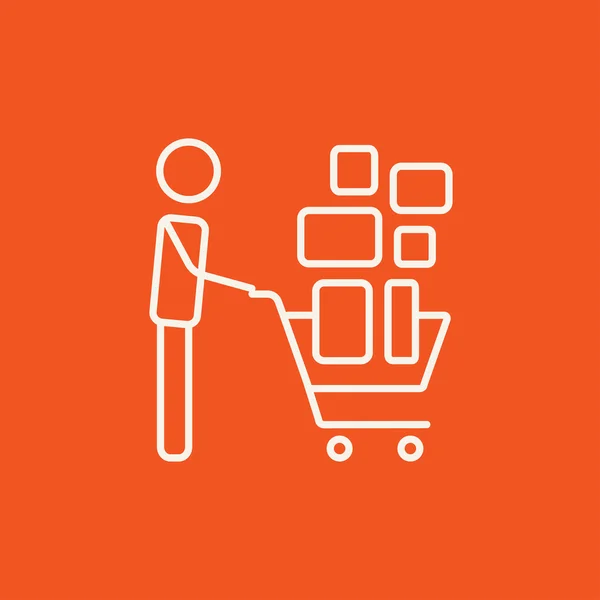 Hombre empujando carrito de compras icono de línea . — Vector de stock