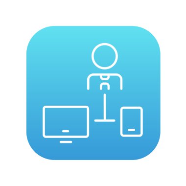 Adam bilgisayar ve telefon hattı simgesi ile bağlantılı.