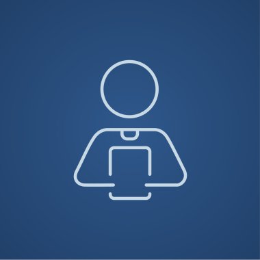 Man holding digital tablet line icon.