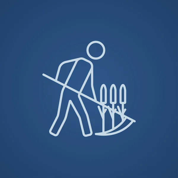 Hombre siega hierba con el icono de la línea de guadaña . — Vector de stock