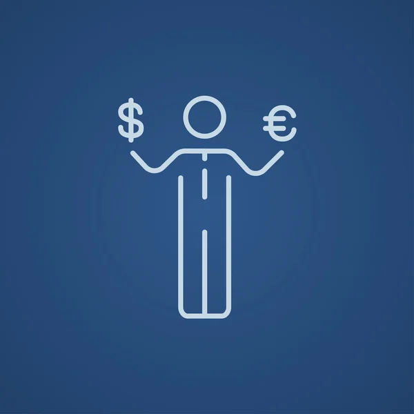 Businessman holding Euro and US dollar line icon. — Stockvector