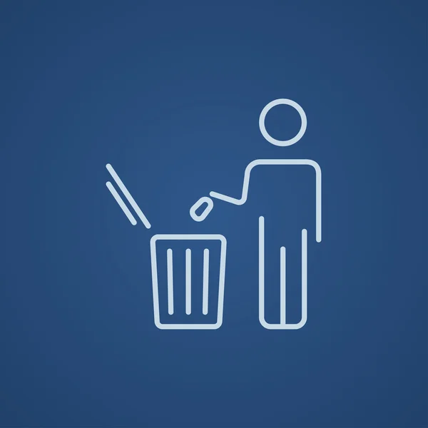 Man gooien vuilnis in een lijn-pictogram van de bak. — Stockvector