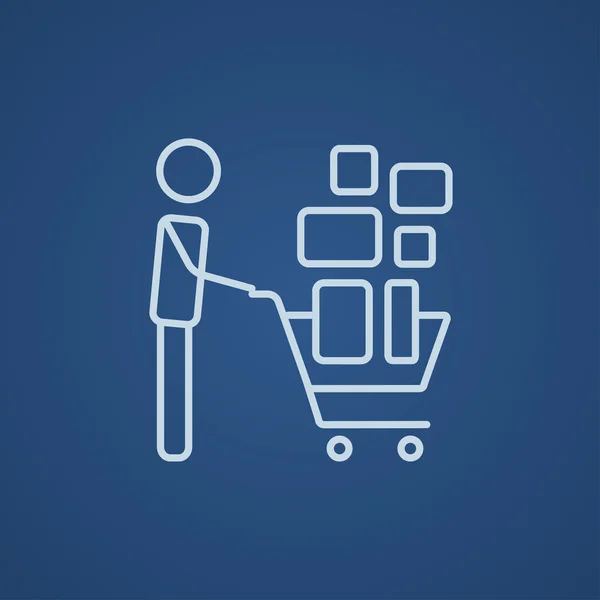 Hombre empujando carrito de compras icono de línea . — Vector de stock