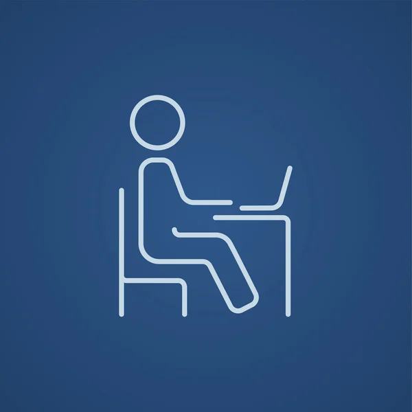 Estudiante sentado en silla delante del icono de la línea del ordenador portátil . — Vector de stock