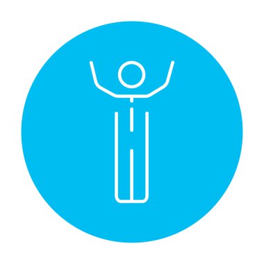 Man with raised arms line icon.