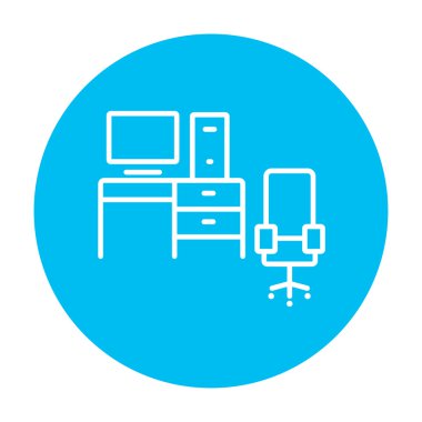 Masa ve sandalye çizgisi simgesi ile bilgisayar seti.