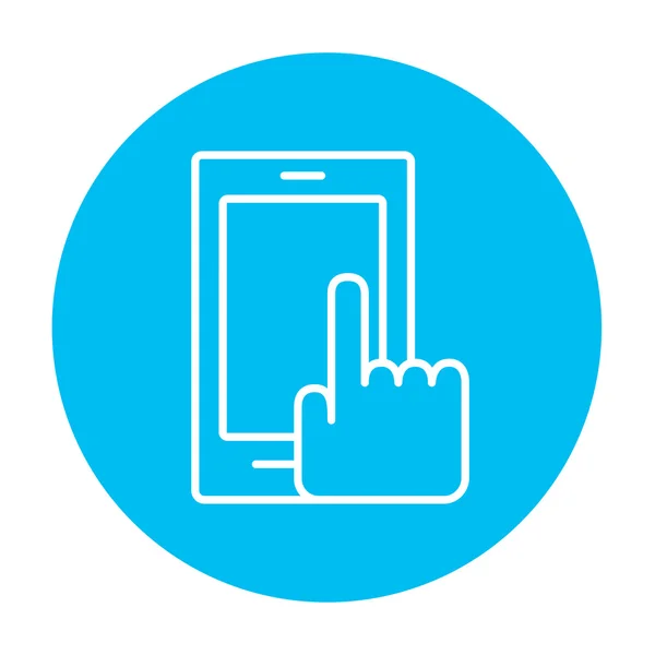 Finger pointing at smart phone line icon. — Stock Vector