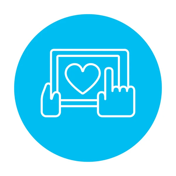 Hands holding tablet with heart sign line icon. — Stock Vector