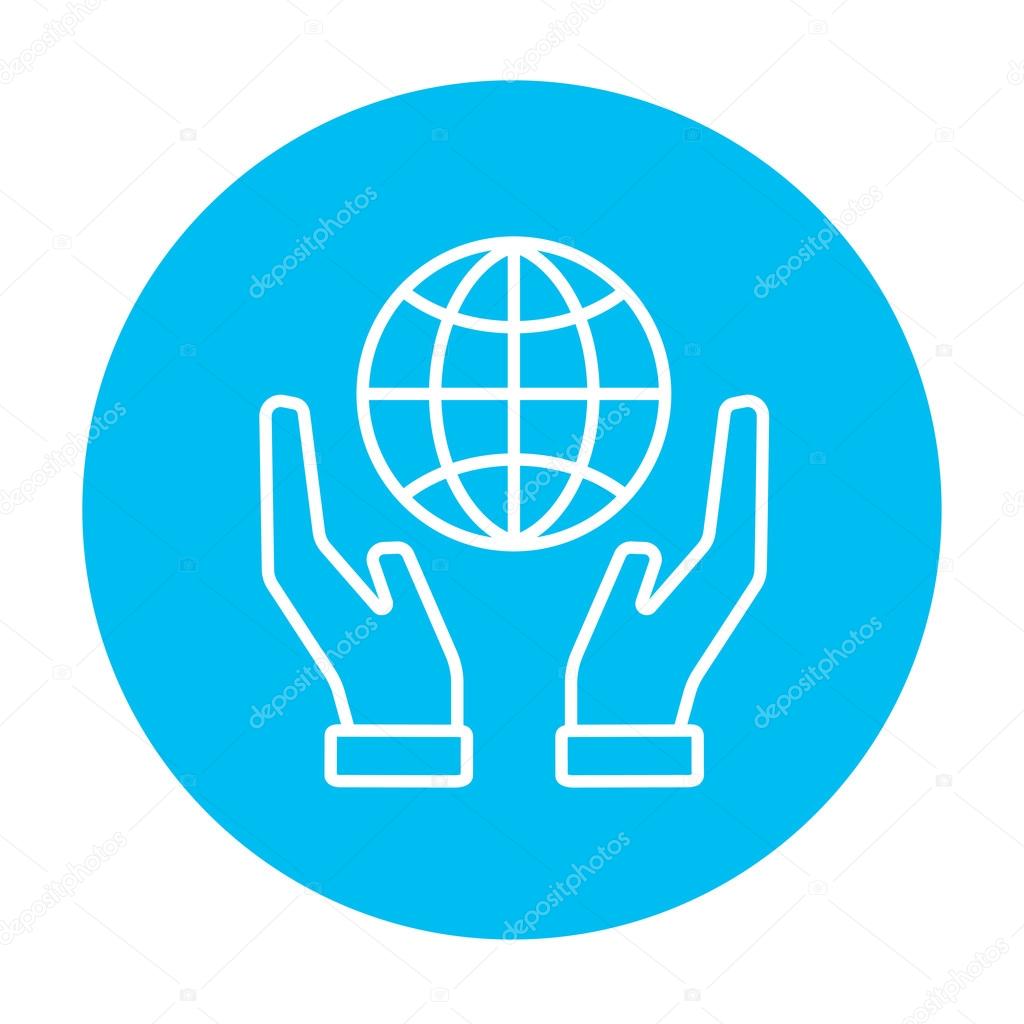 Two hands holding globe line icon.