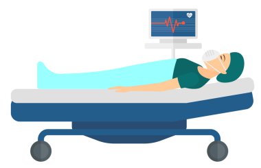 Patient lying in bed with heart monitor.