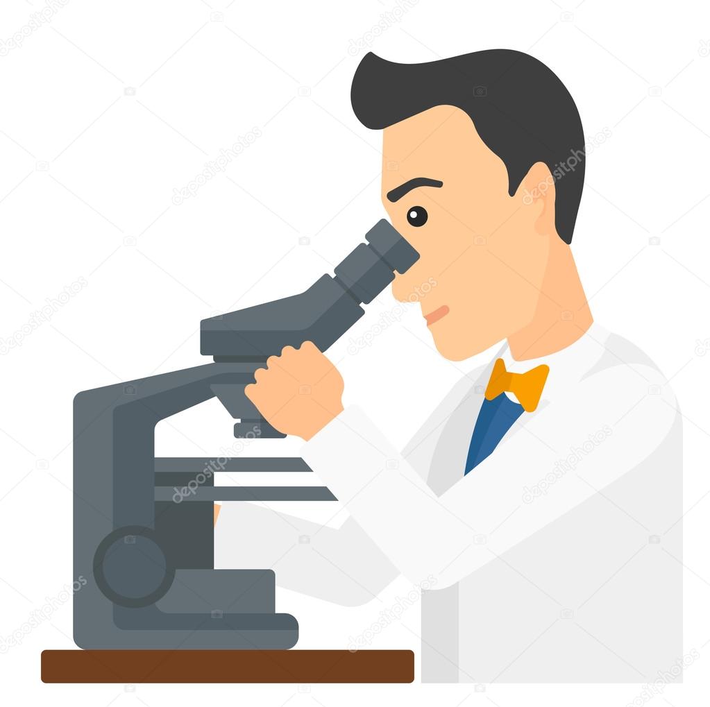 Laboratory assistant with microscope.
