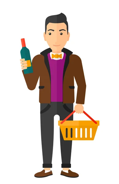 Cliente con cesta de la compra y botella de vino . — Vector de stock