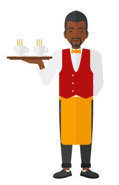 Waiter holding tray with beverages.