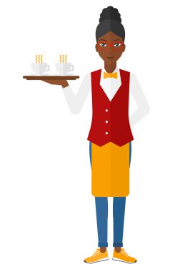 Waiteress holding tray with beverages.