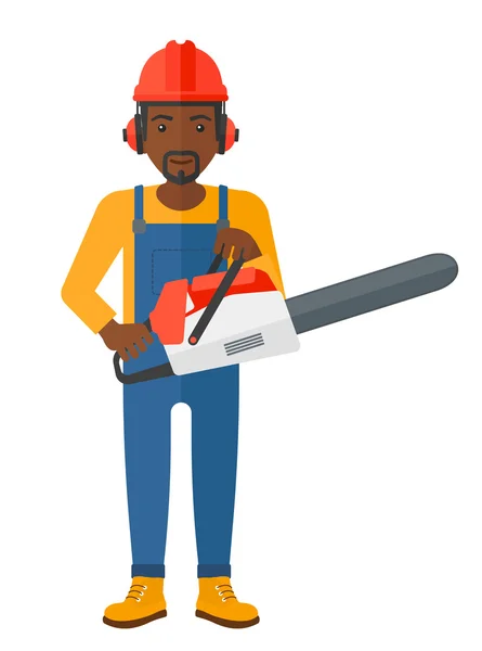 Cheerful lumberjack with chainsaw. — Stock Vector