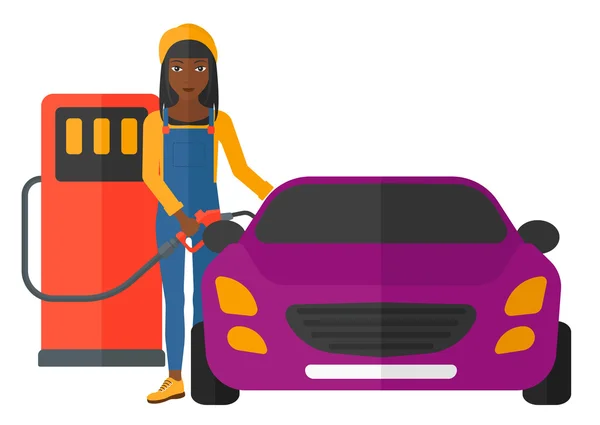 Mujer llenando combustible en el coche . — Vector de stock