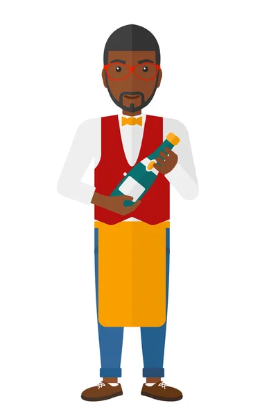 Serveur tenant une bouteille de vin . — Image vectorielle