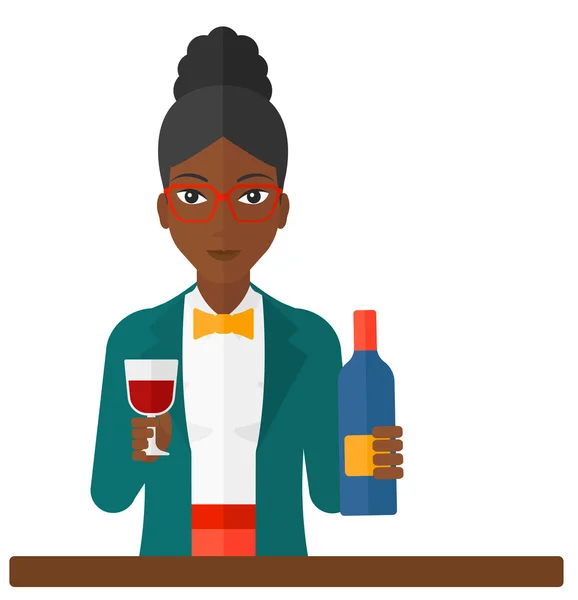 Mujer alegre con botella y vidrio . — Vector de stock