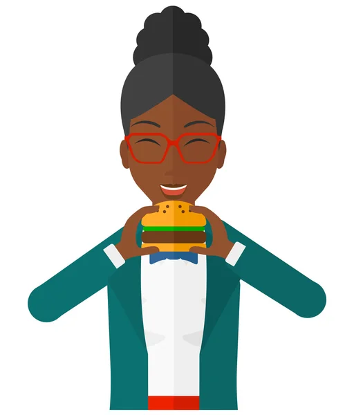 Vrouw hamburger eten. — Stockvector