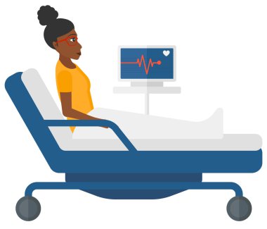 Patient lying in bed with heart monitor.