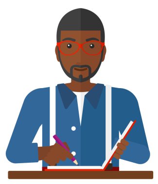 Yazı defteri ile muhabir.